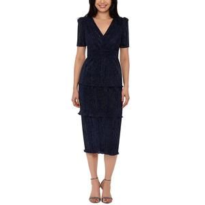 Xscape Womens Navy Shimmer Calf Tiered Midi Dress NWT